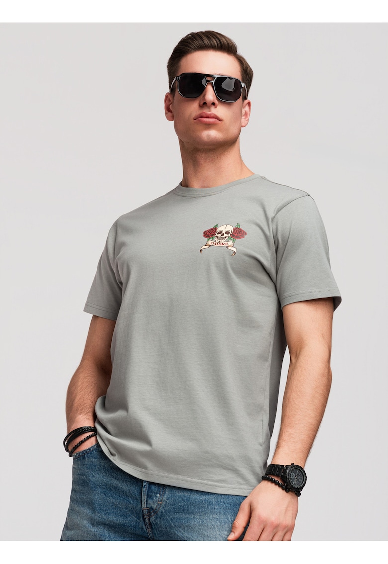 Tricou barbati cu print si material din bumbac - Gri