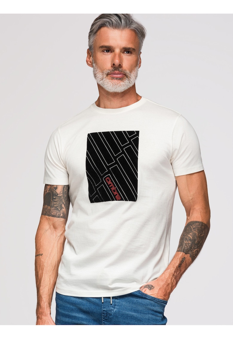 tricou barbati cu imprimeu geometric din bumbac si croiala regular fit - Alb