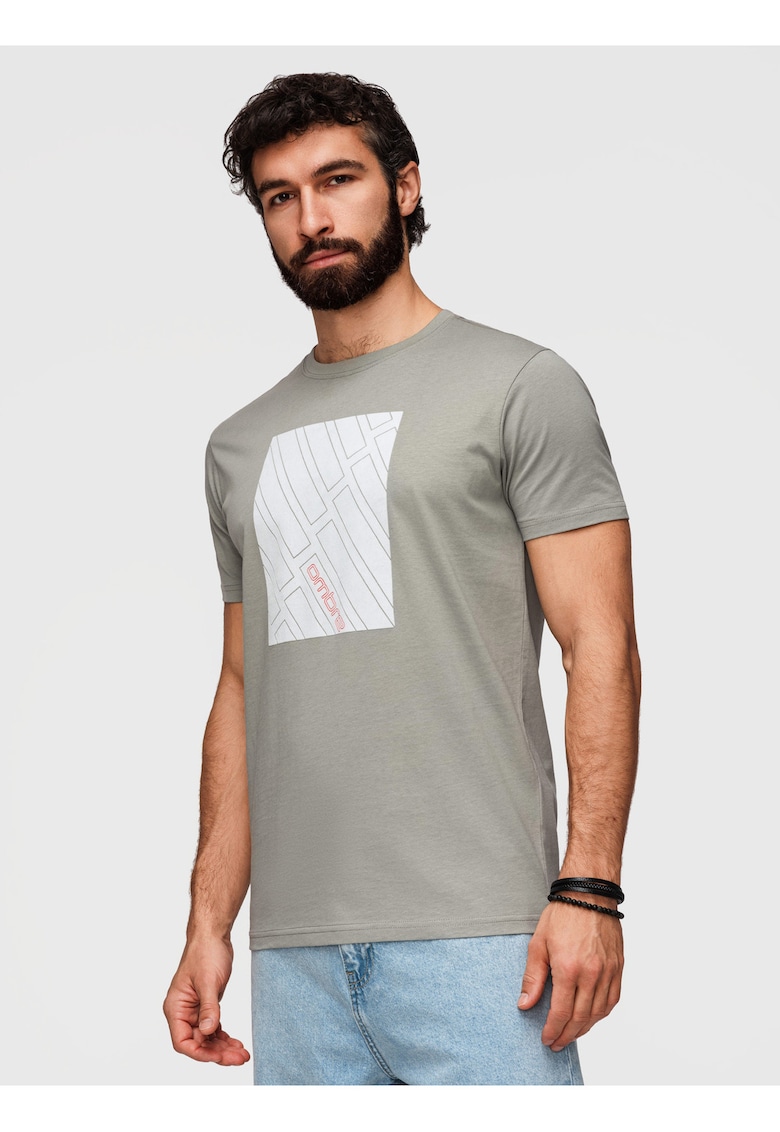 tricou barbati cu imprimeu geometric din bumbac si croiala regular fit - Gri