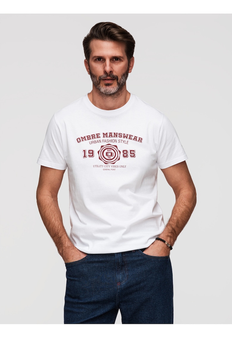 tricou barbati cu print inspirat din stilul colegial din bumbac - Alb