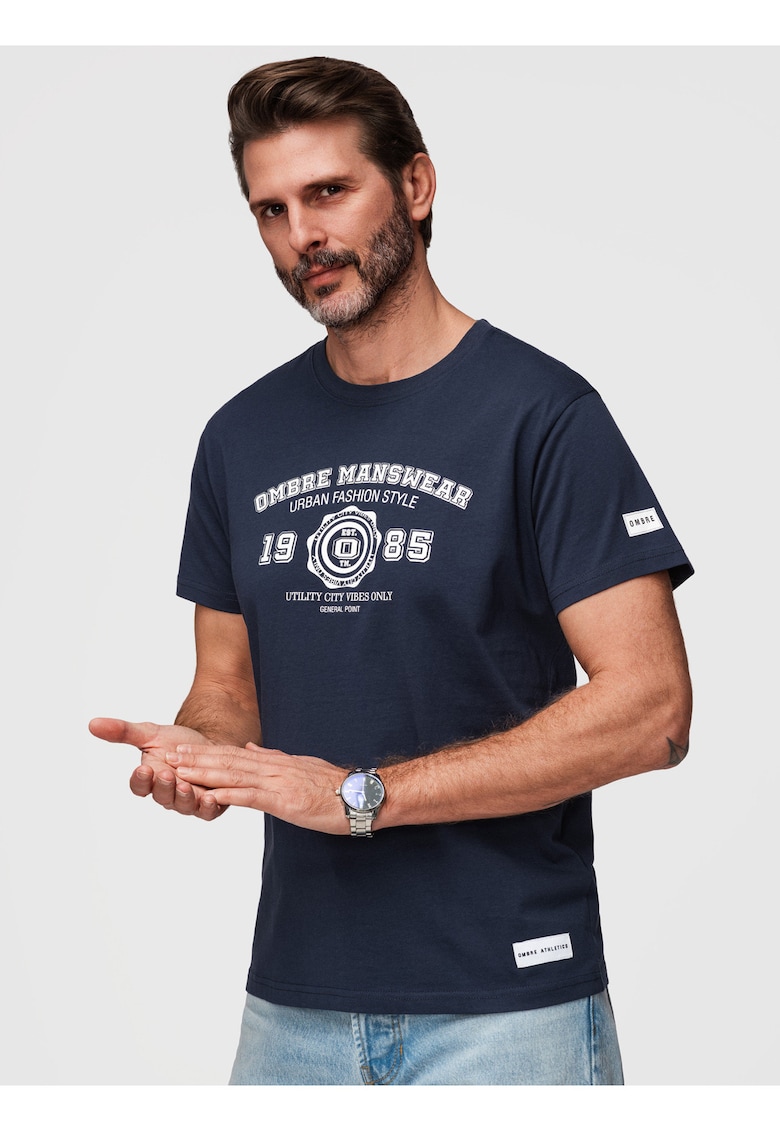 tricou barbati cu print inspirat din stilul colegial din bumbac - Bleumarin