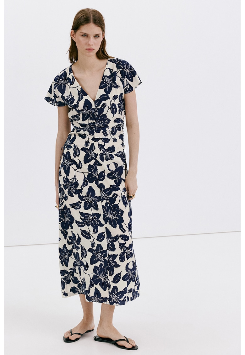Rochie lunga cu model floral si decolteu in V - Alb/Bleumarin