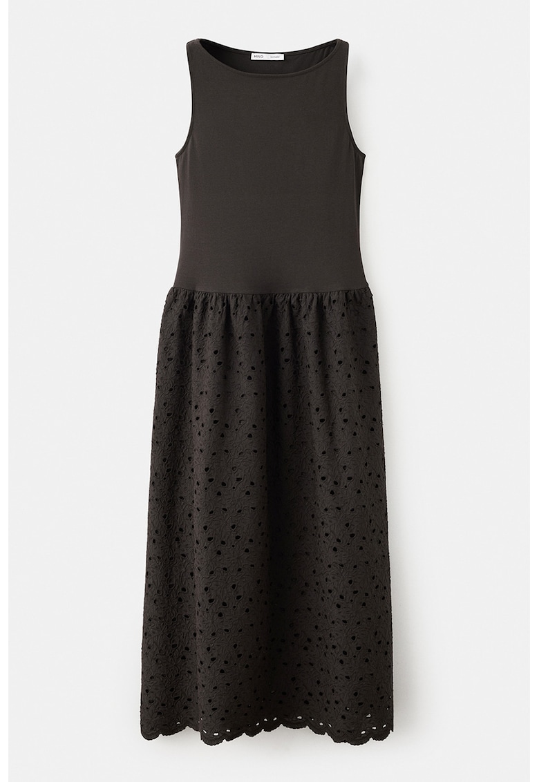 Rochie cu fusta brodata - fara maneci - Maro inchis