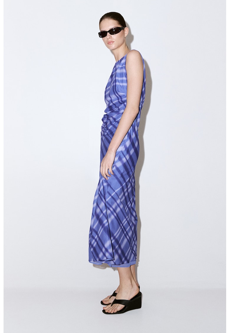 Rochie midi cu detaliu drapata si model in carouri - Alb/Albastru