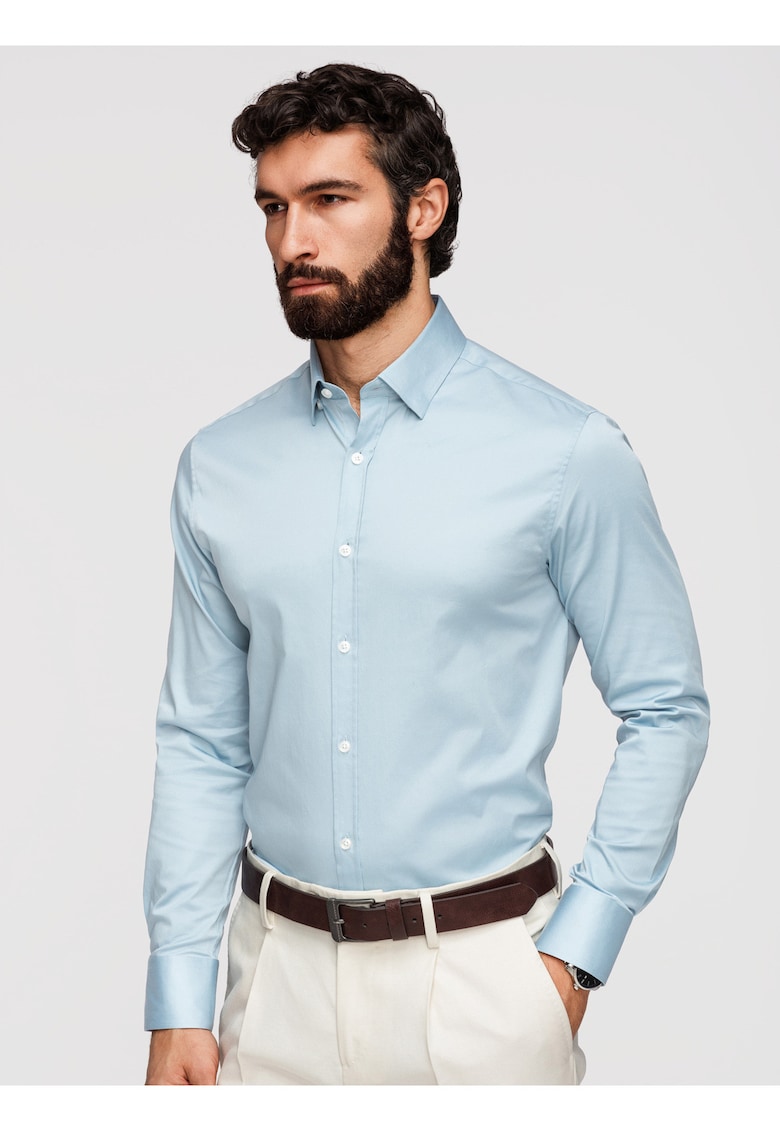 Camasa slim fit din material satinat cu detalii elegante - Albastru