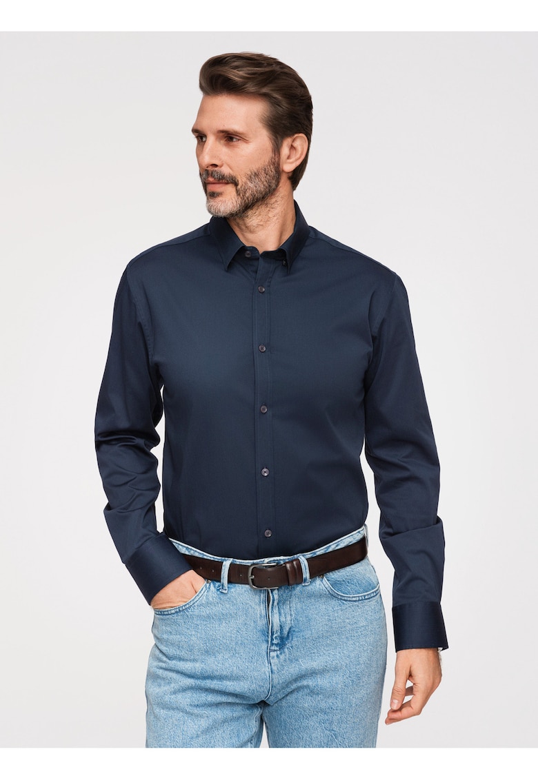Camasa slim fit din material satinat cu detalii elegante - Bleumarin