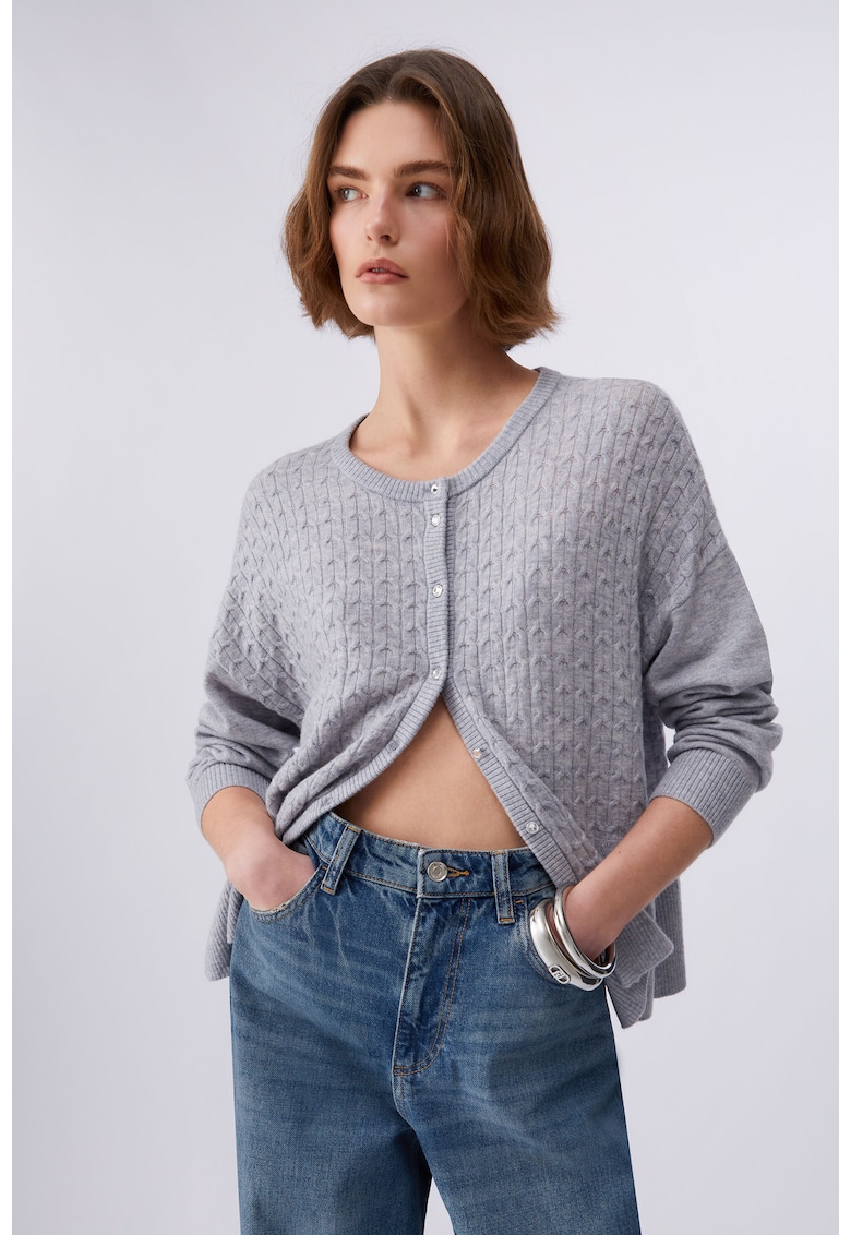 Cardigan din amestec de lana cu torsade - Gri melange