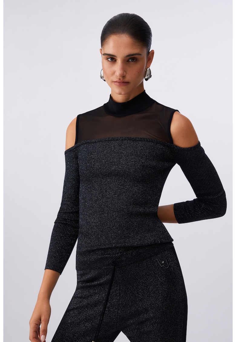 Bluza cu decupaje pe umeri si detalii semitransparente - Negru