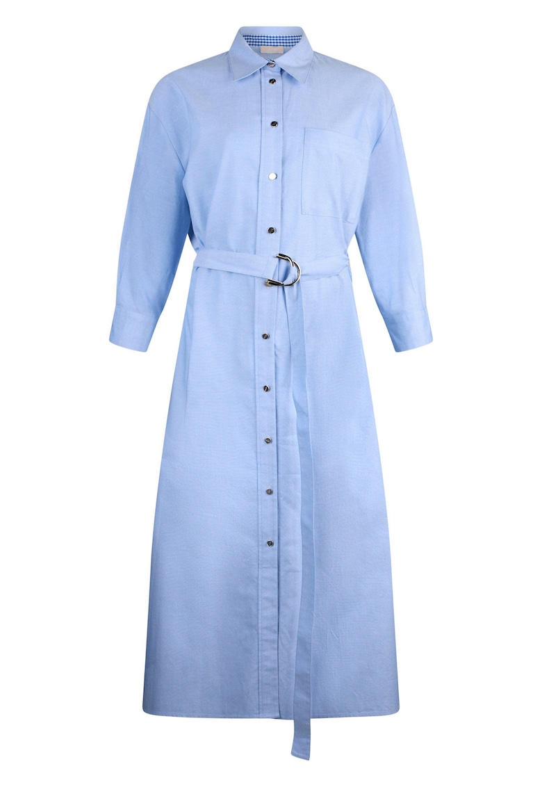 Rochie-camasa din bumbac cu cordon in talie - Albastru deschis
