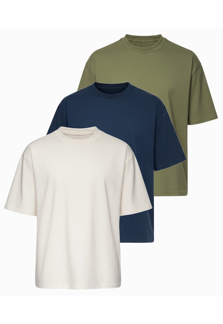 Tricou barbati cu croiala loose fit din jersey elastic - Albastru inchis/Kaki/Alb murdar