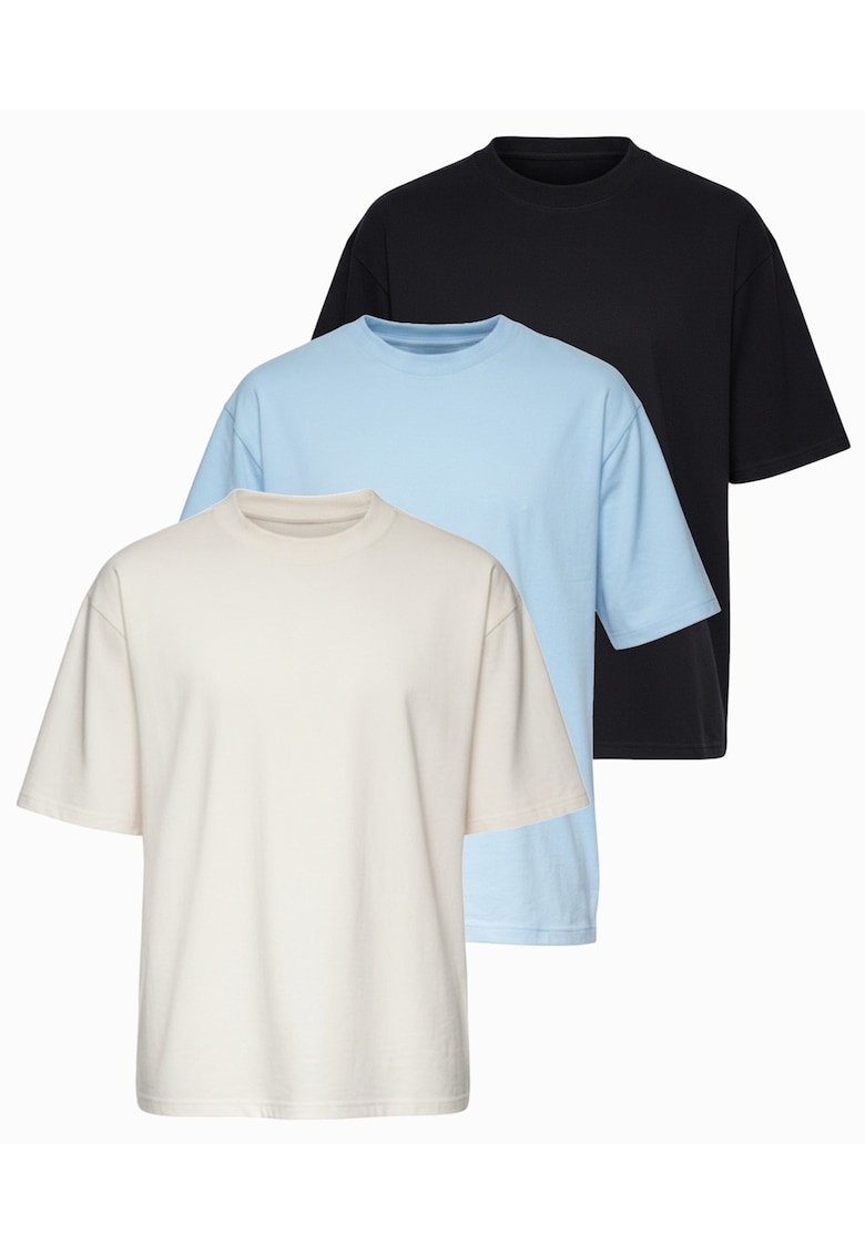 Tricou barbati cu croiala loose fit din jersey elastic - Negru/Alb murdar/Albastru deschis