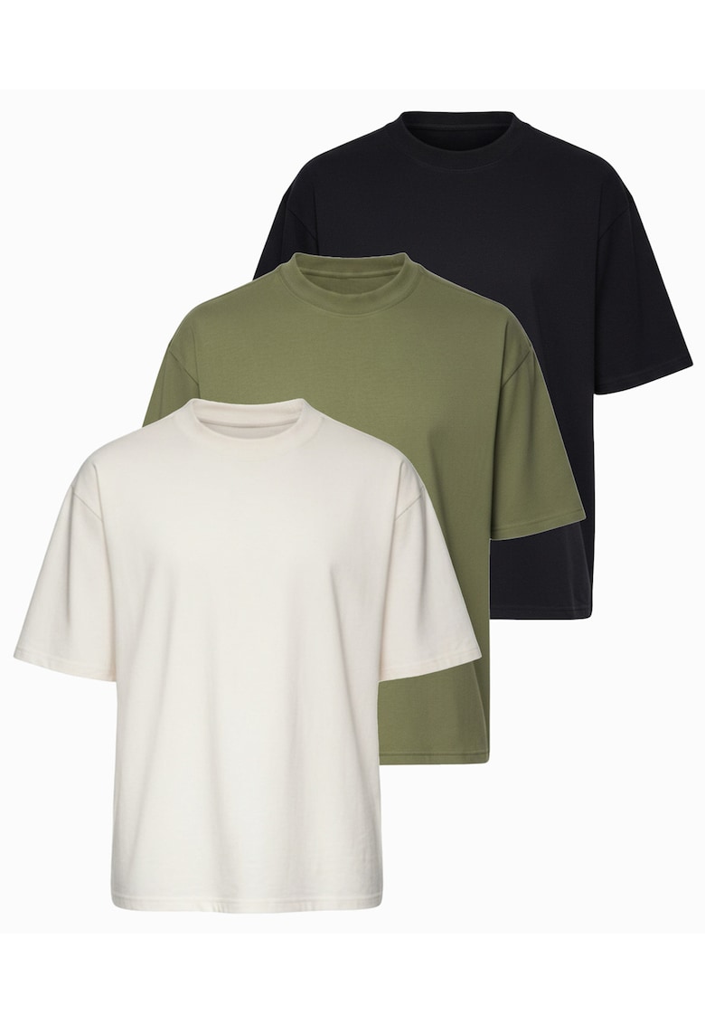 Tricou barbati cu croiala loose fit din jersey elastic - Negru/Kaki/Alb murdar