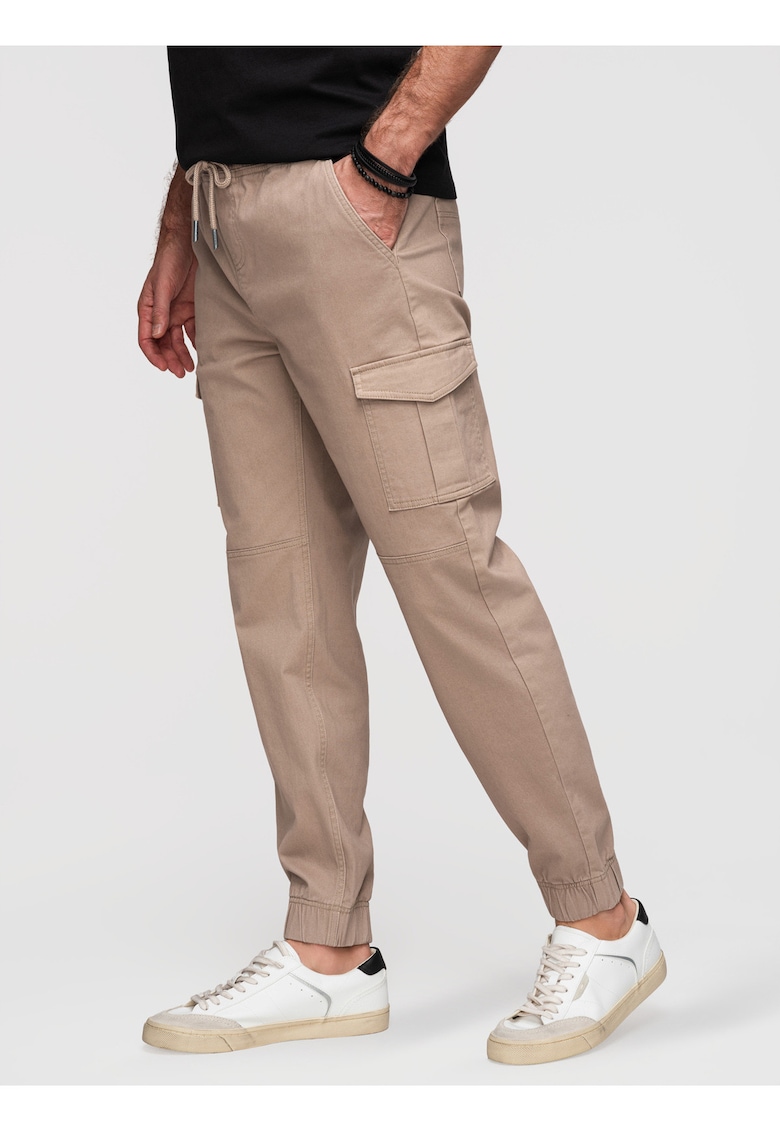 Pantaloni joggers cu buzunare cargo si material elastic - Bej inchis