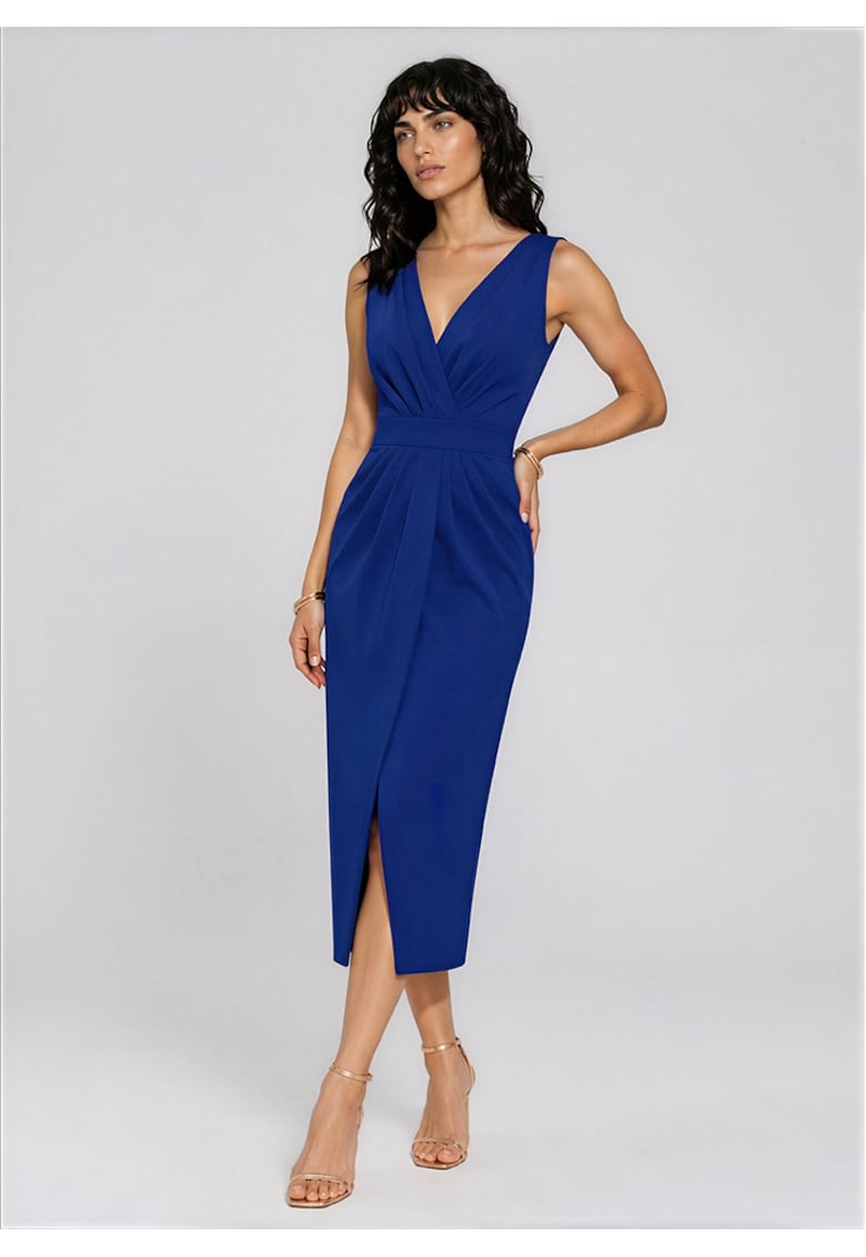 Rochie cocktail midi cu drapaje ALAYA - Albastru aprins