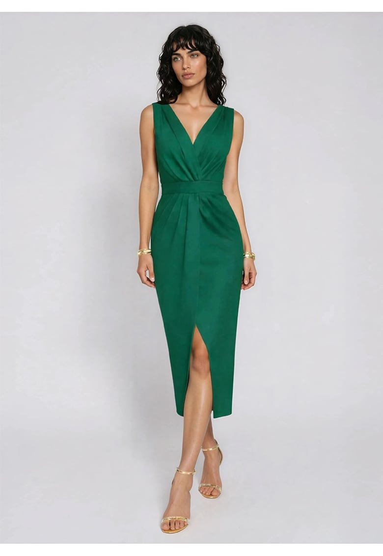 Rochie cocktail midi cu drapaje ALAYA - Verde padure