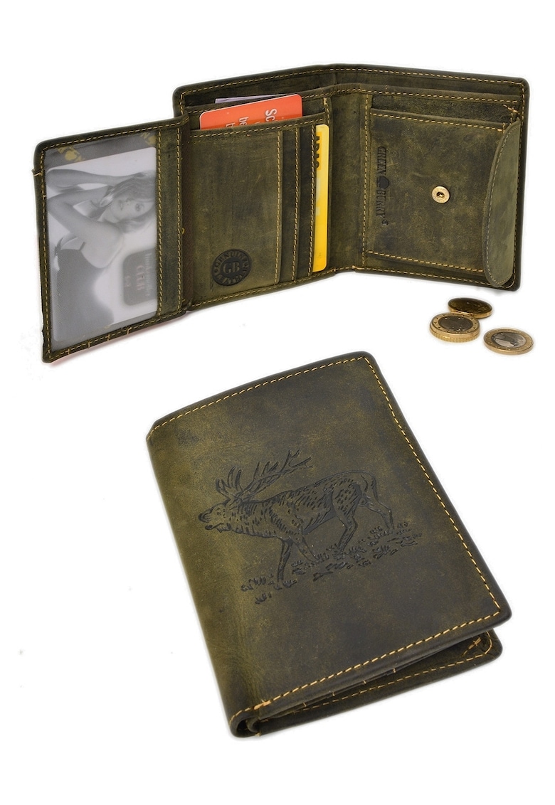 Portofel barbati piele naturala - verde - 9.5x12.5x2.5cm - model stantat cerb - 7 sloturi pentru carduri