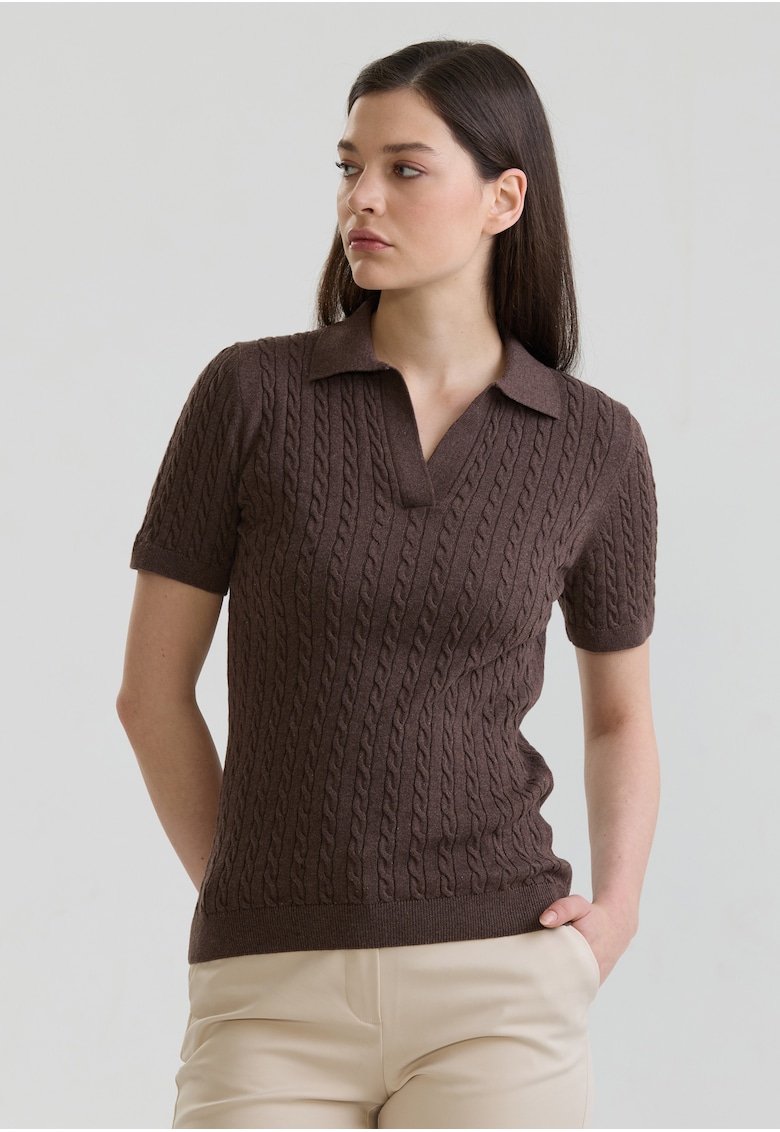 Tricou polo slim fit cu torsade - Maro inchis