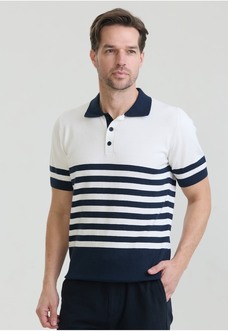 Tricou polo de bumbac cu dungi - Alb/Albastru ultramarin