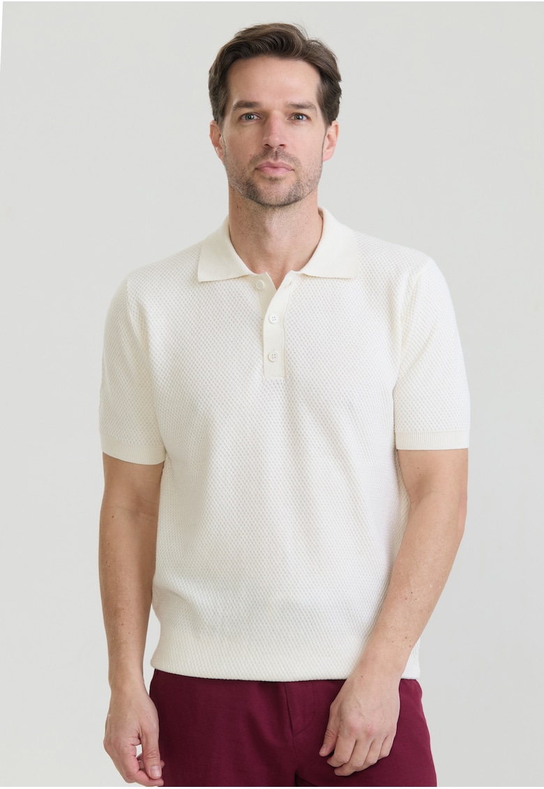 Tricou polo tricotat - Alb fildes