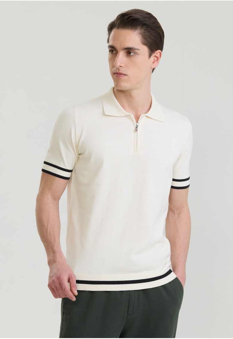 Tricou polo de bumbac cu fenta cu fermoar - Alb fildes/Negru