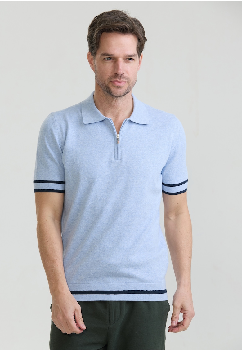 Tricou polo de bumbac cu fenta cu fermoar - Albastru ultramarin/Albastru azur