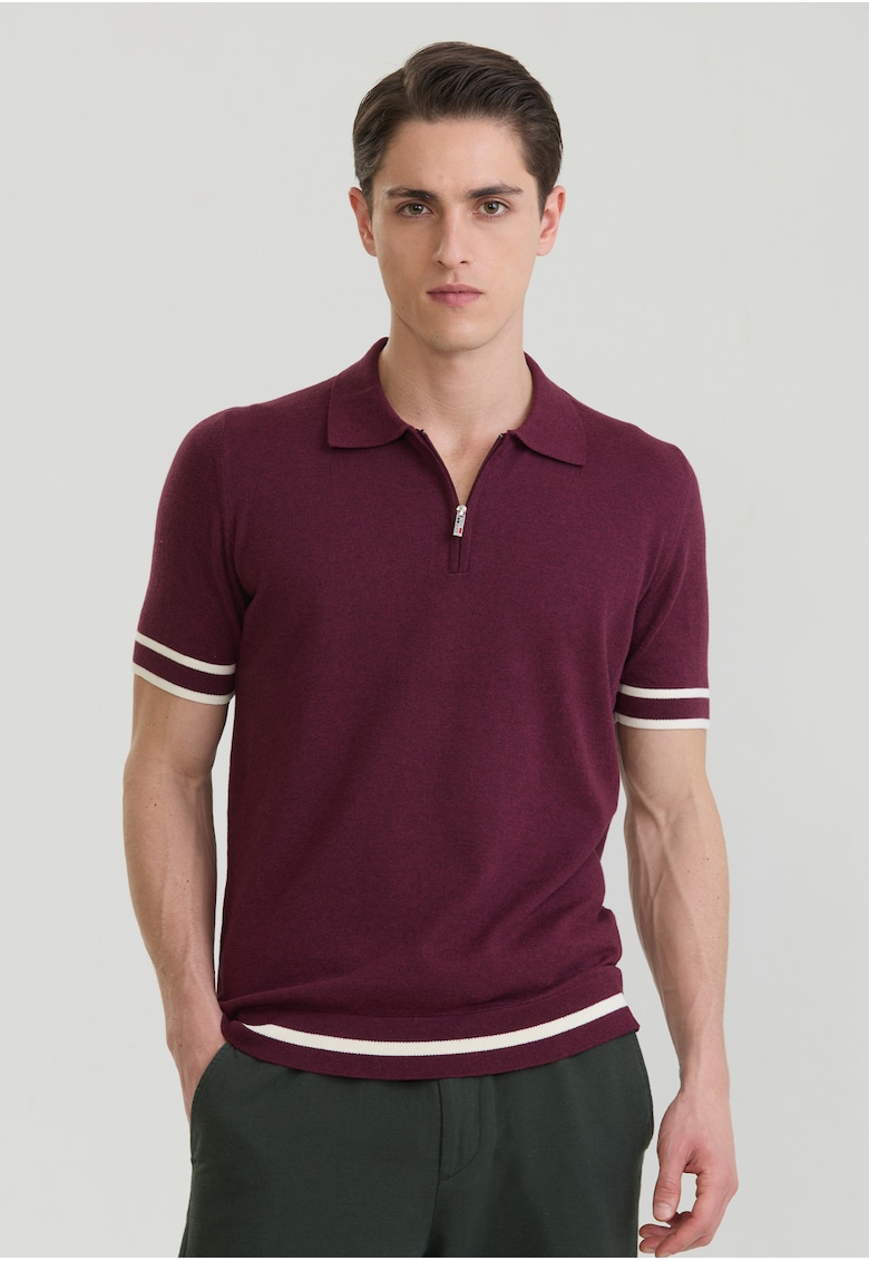 Tricou polo de bumbac cu fenta cu fermoar - Alb/Violet tyrian