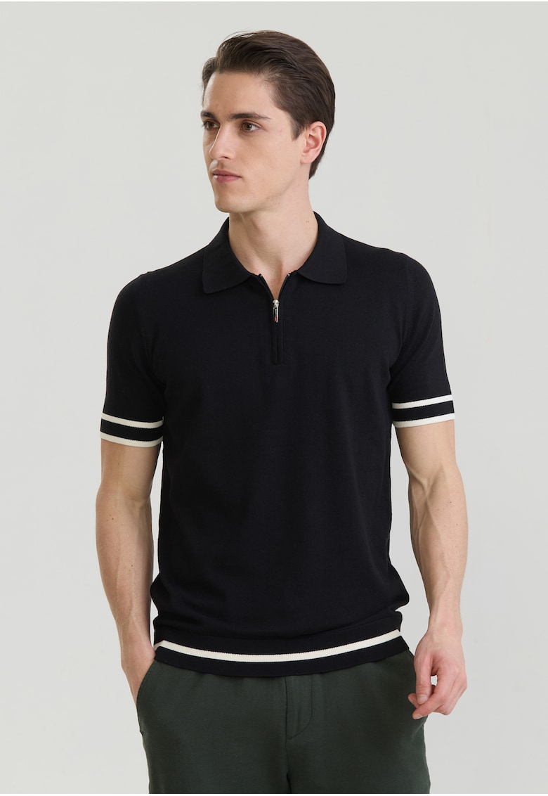 Tricou polo de bumbac cu fenta cu fermoar - Alb/Negru