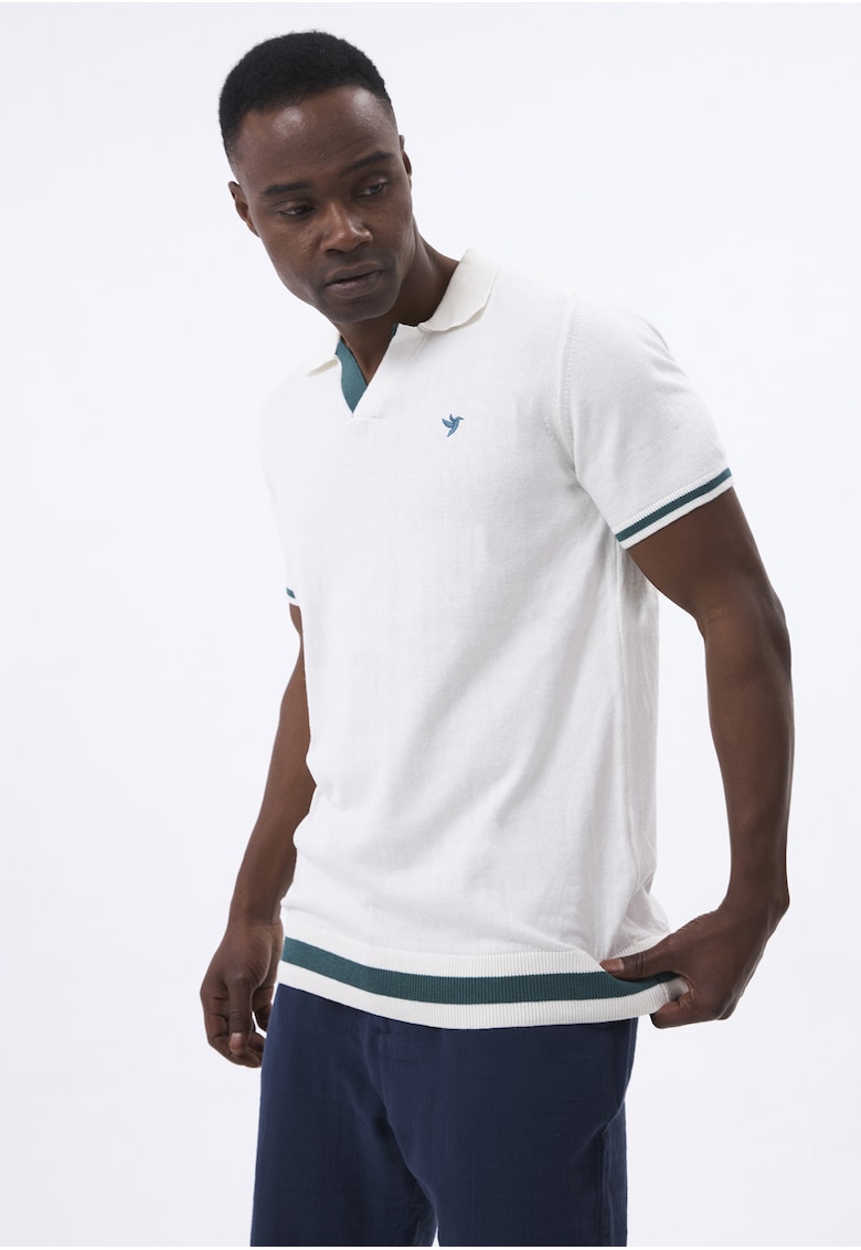 Tricou polo tricotat fin - Alb/Verde smarald