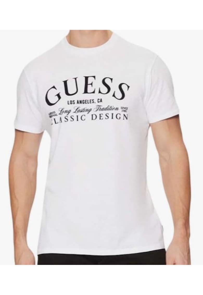 Tricou regular fit cu imprimeu logo si decolteu la baza gatului -