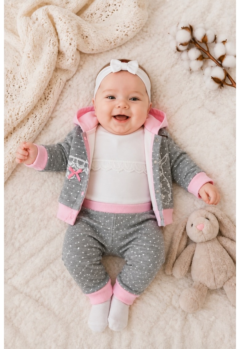 Compleu bebe fetite 3 piese cu hanorac roz gri body si pantaloni din bumbac