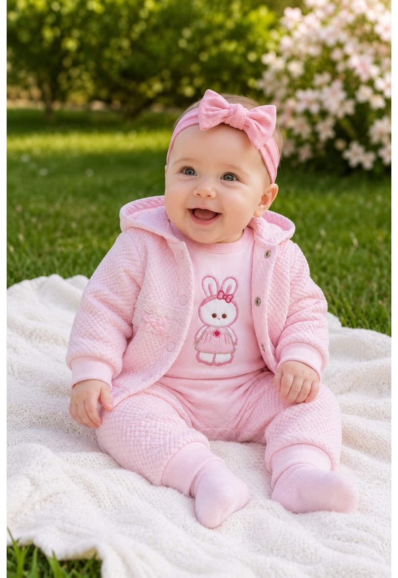 Compleu bebe fetite 3 piese roz cu hanorac body iepuras si pantaloni din bumbac