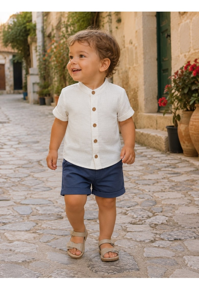 Compleu elegant bebe baieti din bumbac cu camasa alba si pantaloni scurti bleumarin