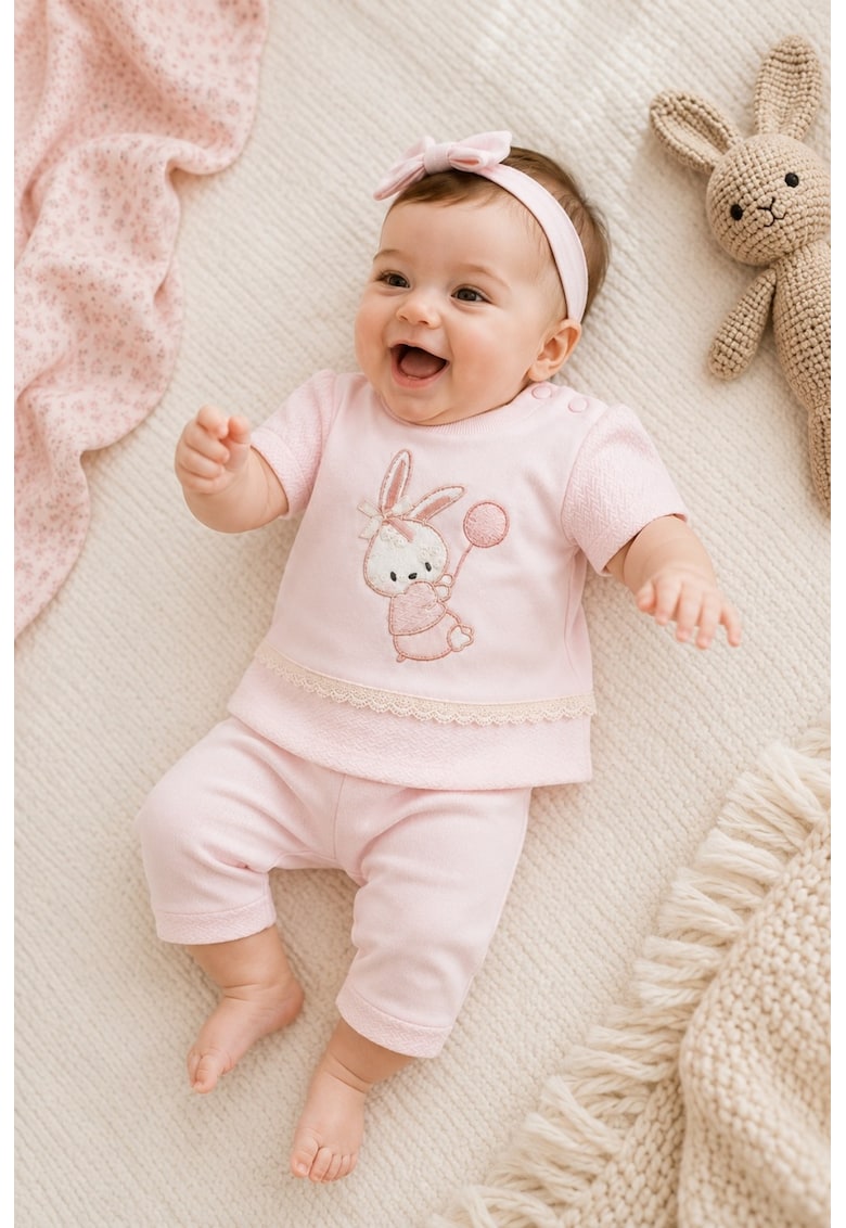 Compleu bebe roz din bumbac cu iepuras brodat si pantaloni 2 piese