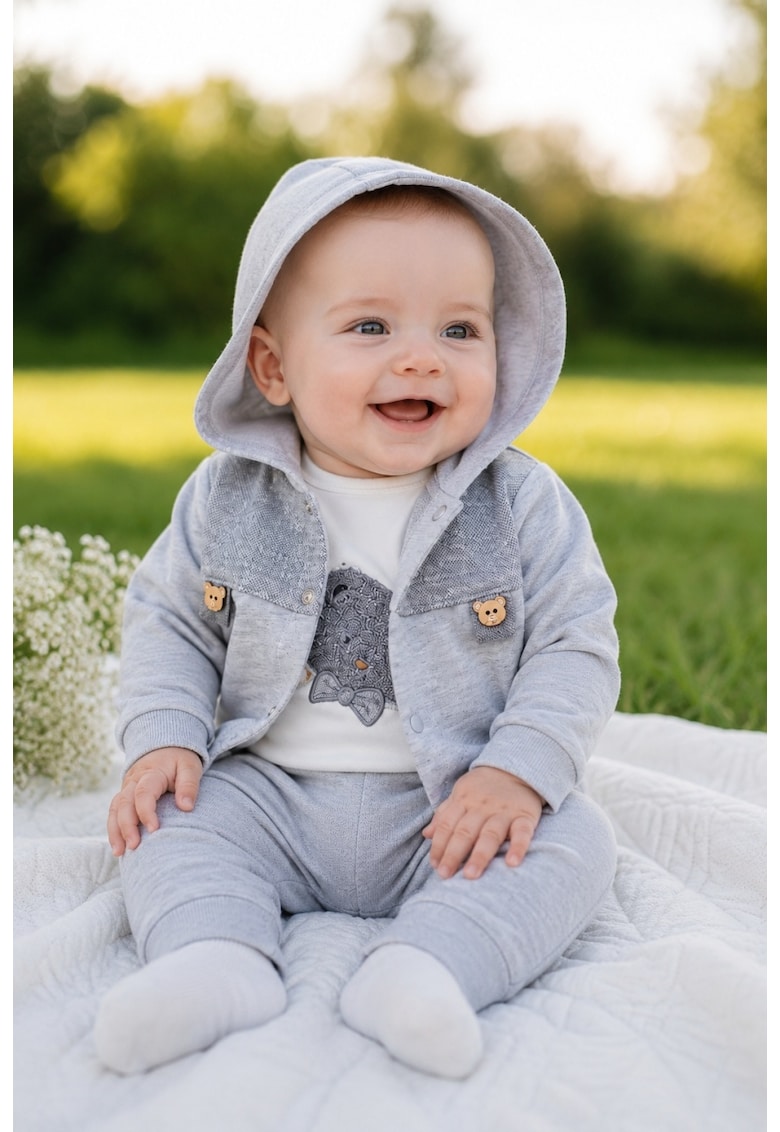 Compleu bebe baieti 3 piese gri cu hanorac body ursulet si pantaloni din bumbac