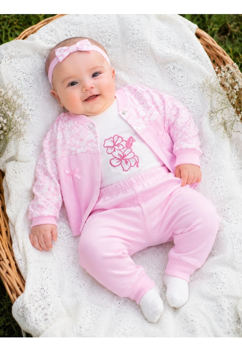 Compleu bebe fete 3 piese roz cu body floral si pantaloni din bumbac