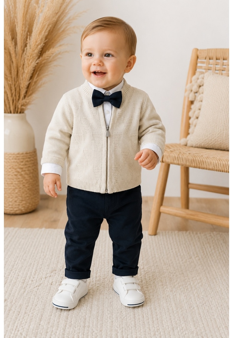 Compleu elegant bebe baieti 4 piese cu pantaloni bleumarin si papion