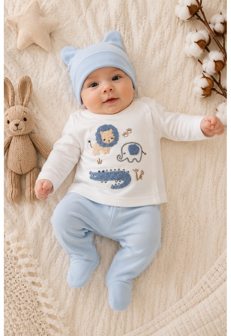 Compleu bebe bleu din bumbac cu caciulita si imprimeu animalute safari pentru baieti
