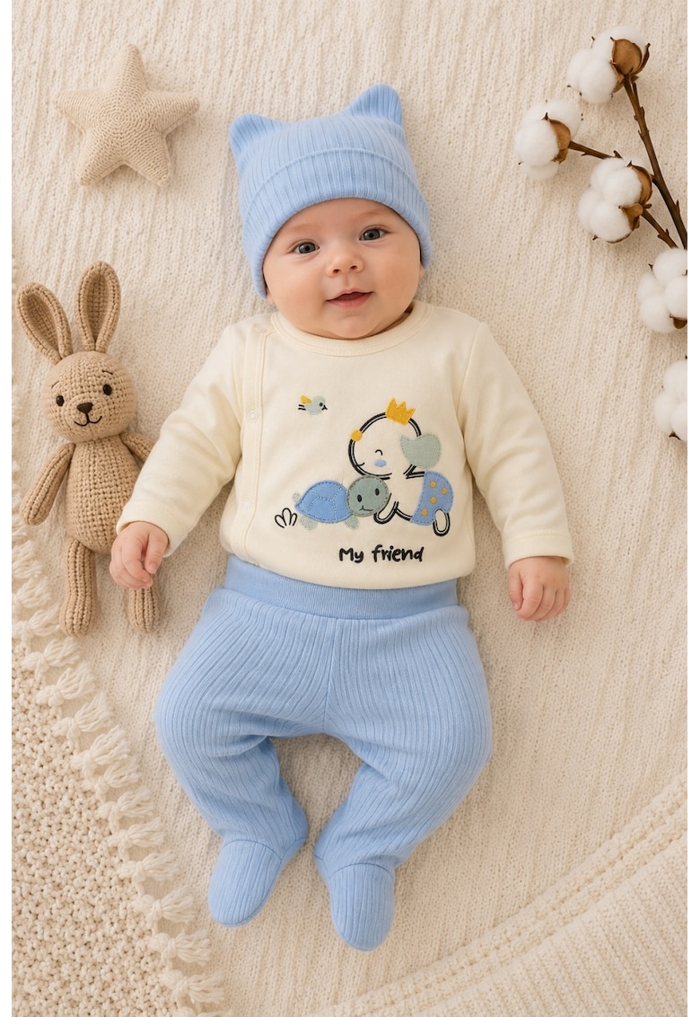 Compleu bebe bleu din bumbac cu caciulita si imprimeu my friend pentru baieti