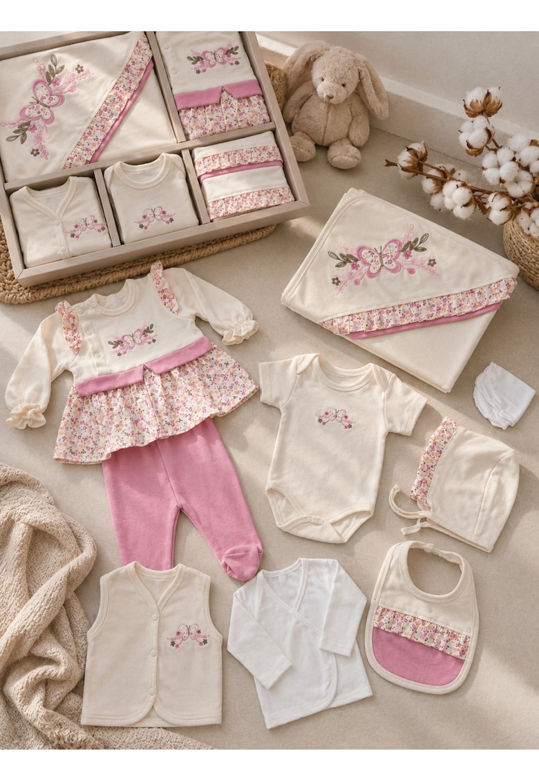 Set bebe fetita 10 piese roz floral din bumbac cu paturica si body