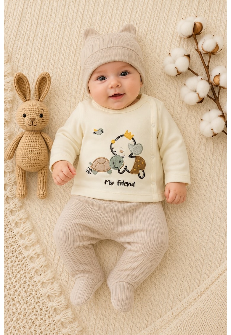 Compleu bebe crem din bumbac cu caciulita si imprimeu my friend pentru baieti