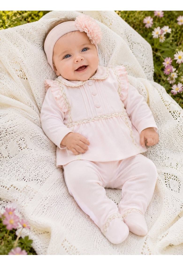Set bebe fetita 3 piese roz pudrat din bumbac cu bentita si dantela eleganta