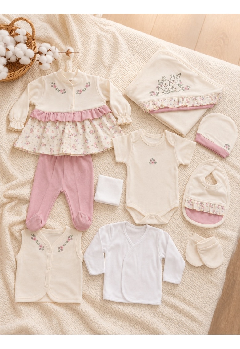 Set bebe fetita 10 piese crem roz din bumbac cu imprimeu floral si iepurasi