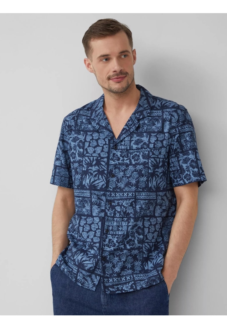 Camasa barbati cu maneca scurta din amestec de viscoza - Regular fit - Albastru inchis