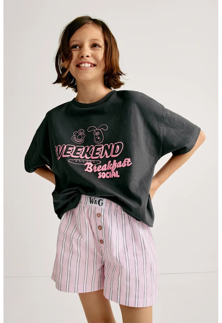 Pijama de bumbac cu pantaloni scurti si imprimeu - Gri/Roz pastel