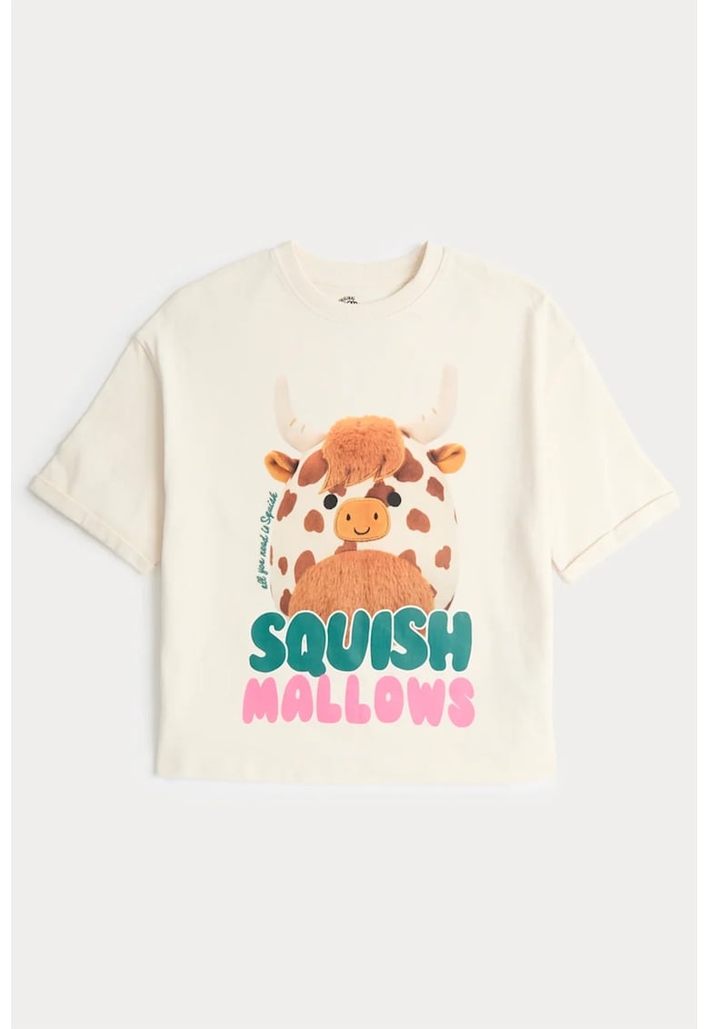 Tricou din bumbac cu impriemu grafic si text - Crem