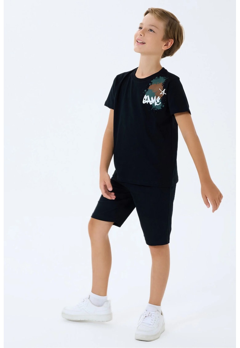 Set de tricou si pantaloni scurti cu imprimeu grafic - Negru