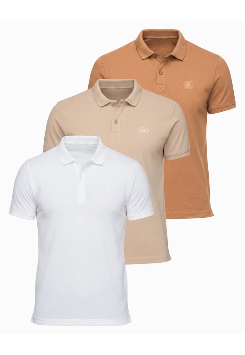 Tricou polo cu detalii de broderie si material piqué - Alb/Bej/Maro deschis