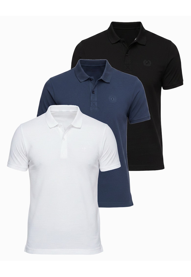 Tricou polo cu detalii de broderie si material piqué - Alb/Negru/Albastru inchis