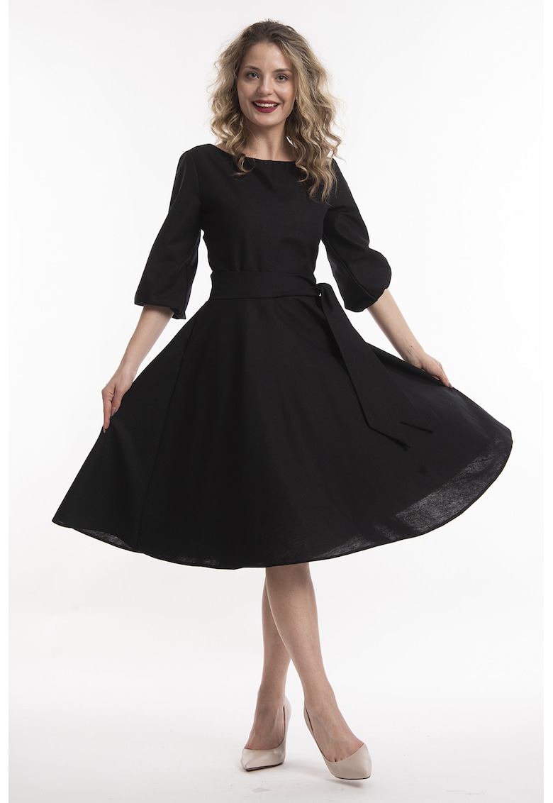 Rochie midi de in cu cordon - Negru