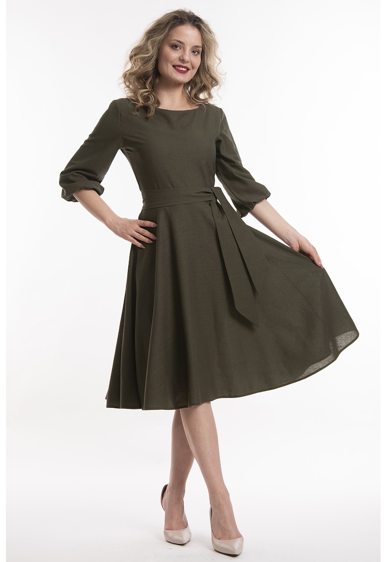 Rochie midi de in cu cordon - Kaki inchis